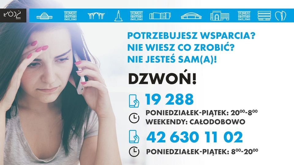 Depresja telefon wsparcia, Potrzebujesz wsparcia? Nie wiesz co robić? Nie jesteś sam/sama! Dzwoń: 19 288 od 20 do 8 i całodobowo w weekend lub 42 630 11 02 od 8 do 20 w dni powszednie.